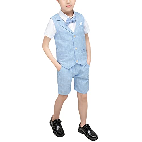 HONGBI Kinder Junge Anzug Sommer Hochzeit Anzüge Weste Kurzarm Hemd Kurze Hose Fliege Kinderanzug Festlich Outfit Gentleman Party Taufe Anzug Sommer Bekleidungssets für Kinder 2-12 Jahre von HONGBI