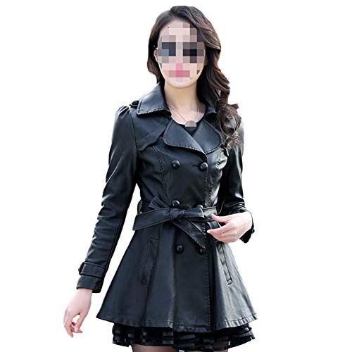 HONGBI Mittellanger Damen Ledermantel Revers Lederjacke Schlanke Trenchcoat aus PU-Leder,Frauen Kunstlederjacke Frühlingsjacke Übergangsjacke Lässige Bikerjacke Kunstleder Jacke mit Gürtel S von HONGBI