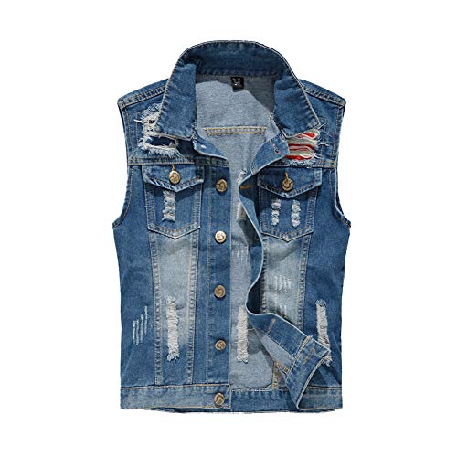 Herren Ärmellos Jeansjacke Zerrissene Jeans Weste Slim-Fit Cowboy Denim Jacke Weste Beilaufige Weste Jeansweste Destroyed Vintage Denim Weste Bikerwesten mit Knopfleiste A M von HONGBI