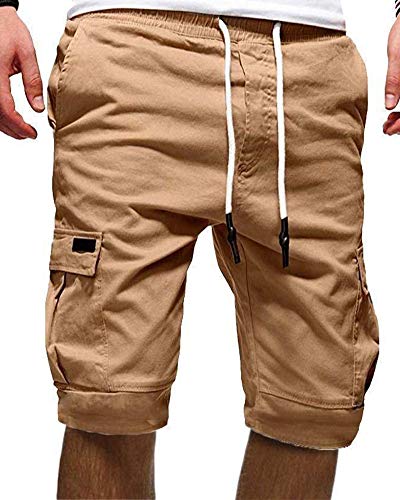 Herren Cargo Hose Shorts Sommer Outdoor Freizeit Bermuda Kurze Hose Chino Training Jogging Hose Arbeitsshorts mit Taschen Locker Passform Halblang Hose Khaki 3XL von HONGBI