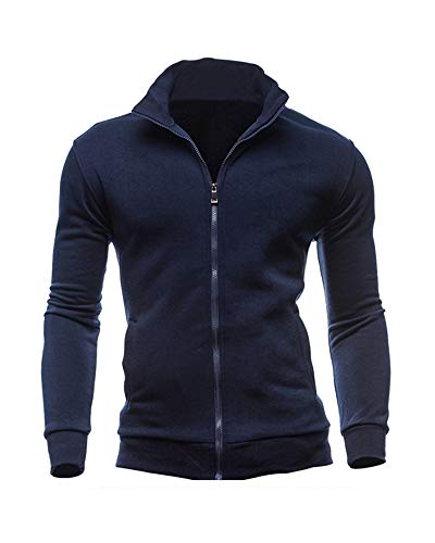 Herren Einfarbig Sport Strickjacke Stehkragen Sweatjacke Sweatshirt Langärmlig Outdoor Freizeitjacke mit Reißverschluss Fliegerjacke für Männer Slim Fit Bomberjacke Mantel Marine XXL von HONGBI