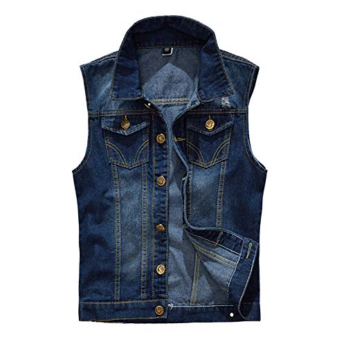 Herren Jeansweste Destroyed Vintage Denim Weste Stehkragen Ärmellos Jeansjacke Freizeitjacke Vest Zerrissen Sommerjacke Cowboy Westen Einfache Beiläufige Jeans Weste Blau XXL von HONGBI