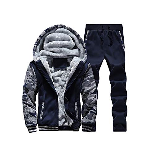 Herren Jogginganzug Camouflage Trainingsanzug Sportanzug Winter Warme Fleece Jacke Kapuzenjacke+Hosen Jogginghose Sporthose Sätze Kapuzenpullover mit Reißverschluss Hoodie Sport Strickjacke Blau 5XL von HONGBI