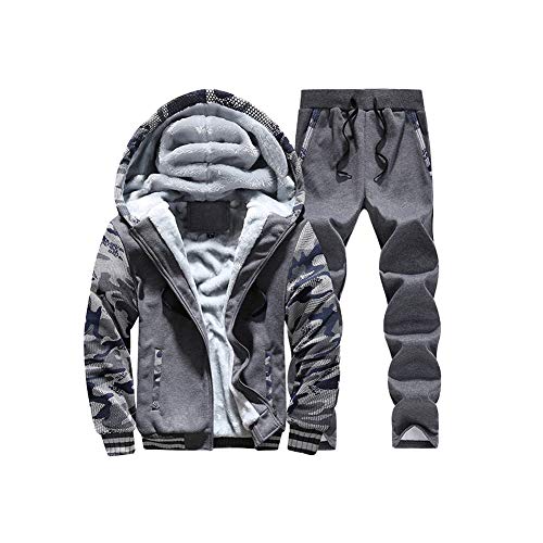 Herren Jogginganzug Camouflage Trainingsanzug Sportanzug Winter Warme Fleece Jacke Kapuzenjacke+Hosen Jogginghose Sporthose Sätze Kapuzenpullover mit Reißverschluss Hoodie Sport Strickjacke Grau A M von HONGBI