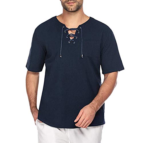 Herren Mittelalter Leinen T Shirts Leinenhemd Yoga Shirt Männer Baumwolle Leinen Gedruckt Kurzarm V Ausschnitt mit Schnürung Casual Henley Shirts Vintage T-Shirt Sommer Tops Freizeithemd L von HONGBI