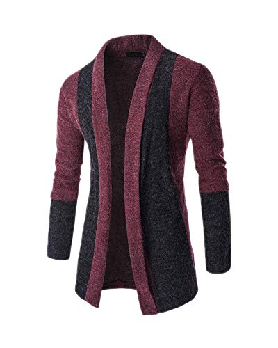 Herren Patchwork Strick Jacke Klassischer Schalkragen Strickjacke Open Jacke Übergangsjacke Lang Cardigan Knit Mantel Sweatjacke Winter Strickpullover Langarm Sweatshirt Weinrot L von HONGBI