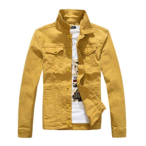 Herren Schlanke Langarm Jeansjacke Einfarbiges Jeans Oberteil Frühling Herbst Klassisch Denim Jacket Trucker Jacke Leichte Bikerjacke Stehkragen Übergangsjack Freizeitjacke Cowboy Mantel Gelb 4XL von HONGBI