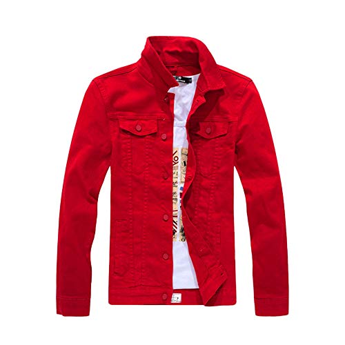 Herren Schlanke Langarm Jeansjacke Einfarbiges Jeans Oberteil Frühling Herbst Klassisch Denim Jacket Trucker Jacke Leichte Bikerjacke Stehkragen Übergangsjack Freizeitjacke Cowboy Mantel rot L von HONGBI