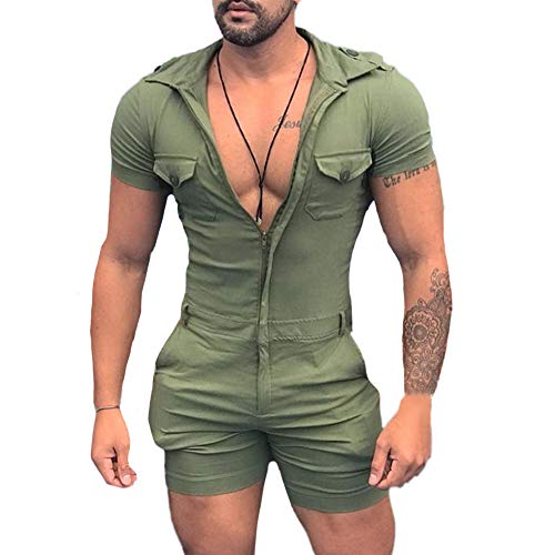 Herren Sommer Kurze Jumpsuit Einfarbig Spielanzug Männer Playsuit Hosenanzug Casual Strampler Einteiler Reißverschluss Sportbekleidung Jogginganzug Kurze Hose Kurzarm Overall Onesie mit Taschen L von HONGBI