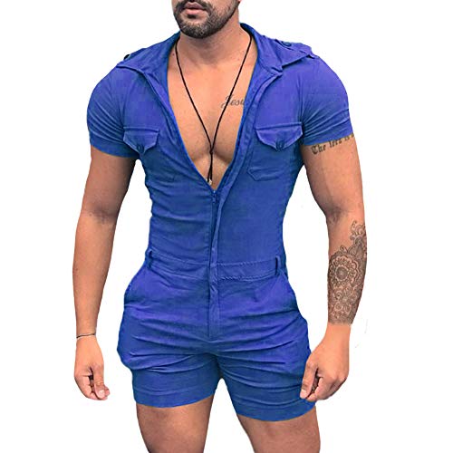 Herren Sommer Kurze Jumpsuit Einfarbig Spielanzug Männer Playsuit Hosenanzug Casual Strampler Einteiler Reißverschluss Sportbekleidung Jogginganzug Kurze Hose Kurzarm Overall Onesie mit Taschen L von HONGBI