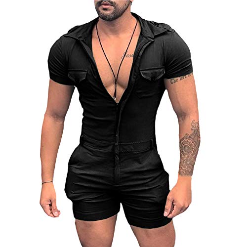 Herren Sommer Kurze Jumpsuit Einfarbig Spielanzug Männer Playsuit Hosenanzug Casual Strampler Einteiler Reißverschluss Sportbekleidung Jogginganzug Kurze Hose Kurzarm Overall Onesie mit Taschen M von HONGBI