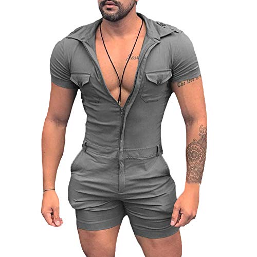 Herren Sommer Kurze Jumpsuit Einfarbig Spielanzug Männer Playsuit Hosenanzug Casual Strampler Einteiler Reißverschluss Sportbekleidung Jogginganzug Kurze Hose Kurzarm Overall Onesie mit Taschen S von HONGBI