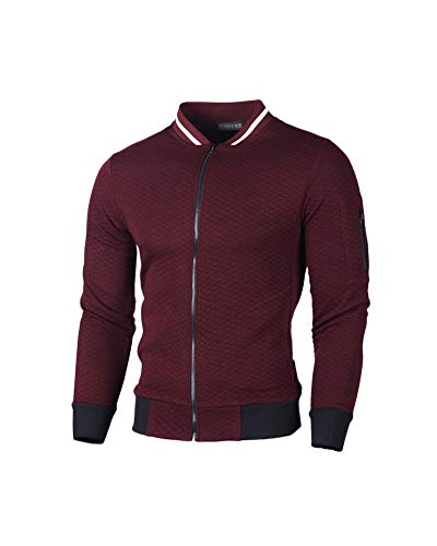 Herren Stehkragen Sweatjacke Einfarbig Sweatshirt Langärmlig Freizeitjacke mit Reißverschluss Sport Strickjacke Leichte Fliegerjacke für Männer Classics Bomberjacke Rotwein S von HONGBI