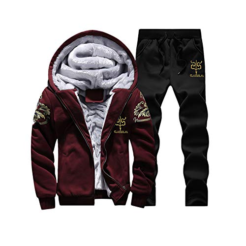 Herren Trainingsanzug Jogginganzug,Winter Warme Sportanzug,Männer Fleece Jacke Kapuzenjacke+Hosen Jogginghose Wintermantel Sweatshirt Oben Hose Sätze Freizeitanzug mit Reißverschluss Rot 3XL von HONGBI