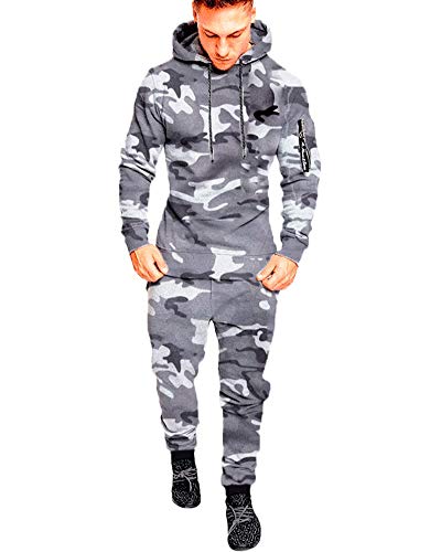 Herren Trainingsanzug mit Kapuze Jogginganzug Sportanzug Kapuzenpullover+Jogginghose Suit Sweatjacke und Trainingshose Camo Pullover Hoodie+Sporthose Set Freizeitanzug 2 L von HONGBI
