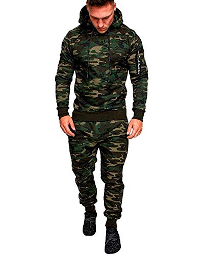Herren Trainingsanzug mit Kapuze Jogginganzug Sportanzug Kapuzenpullover+Jogginghose Suit Sweatjacke und Trainingshose Camo Pullover Hoodie+Sporthose Set Freizeitanzug Tarngrün L von HONGBI