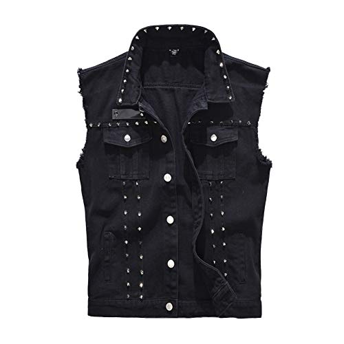 Herren Westen für Frühjahrs Sommer Stil Schlanke,Jeans Weste Denim Jacke Weste Slim Fit Beiläufige Weste Jeansweste mit Cooler Niete Vintage Revers Oberteile Bikerweste Schwarz 4XL von HONGBI