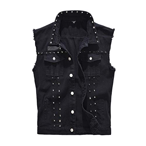 Herren Westen für Frühjahrs Sommer Stil Schlanke,Jeans Weste Denim Jacke Weste Slim Fit Beiläufige Weste Jeansweste mit Cooler Niete Vintage Revers Oberteile Bikerweste Schwarz 5XL von HONGBI