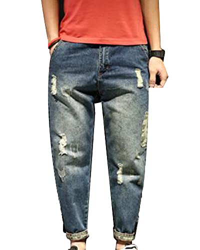 Hip-Hop Herren Ripped Pants seitliche Camouflage-Jeans Coole lässige Straight Leg Hose zerkratzte Karottenhose Basic Stretch-Jeans Retro-Jogginghose Sommerhose 3/4 Jeans Dunkelblau 31w von HONGBI