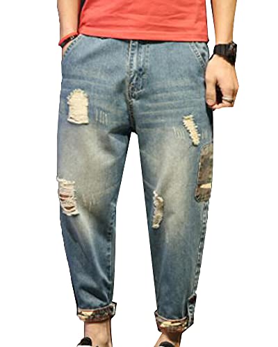 Hip-Hop Herren Ripped Pants seitliche Camouflage-Jeans Coole lässige Straight Leg Hose zerkratzte Karottenhose Basic Stretch-Jeans Retro-Jogginghose Sommerhose 3/4 Jeans Hellblau 33w von HONGBI