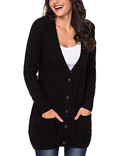 Lang V-Ausschnitt Strickjacke für Damen Langarm Cardigans Strickmantel mit Taschen und Knöpfe Elegant Outwear Top für Herbst Winter Schwarz L von HONGBI