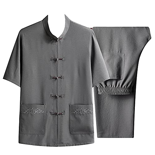 Männer Tang-Anzug aus Eisseide Hanfu Kung-Fu-Hemd-Outfit Tai Chi Kung Fu Trainingsanzug Kurzarm-Oberteile Hemden & Hosen Traditionelles Chinesisches Kostüm Kampfsportbekleidung Dunkelgrau L von HONGBI