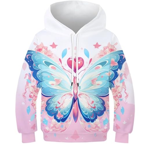 HONGBING Kinder Hoodie 3D Beautiful Butterfly GedrucKt Kapuzenpullover Langarm Pullover Hoodies Langarm Sweatshirt Mit Kapuze Pullover 6-15 Jahre 9-11Y von HONGBING