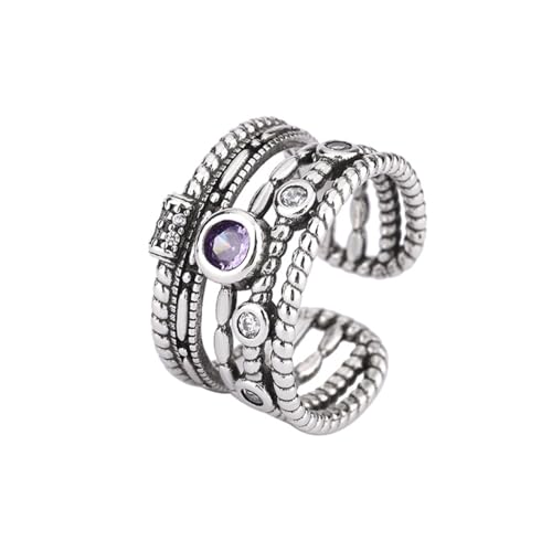 Vintage Mehrschichtiger Twist Amethyst Ring für Frauen Verstellbarer Kristall 925 Silber Breit Februar Geburtsstein Lila Edelstein Ringe Bohemian Band Twisted Cable Wire Band Ring von HONGCAIHU