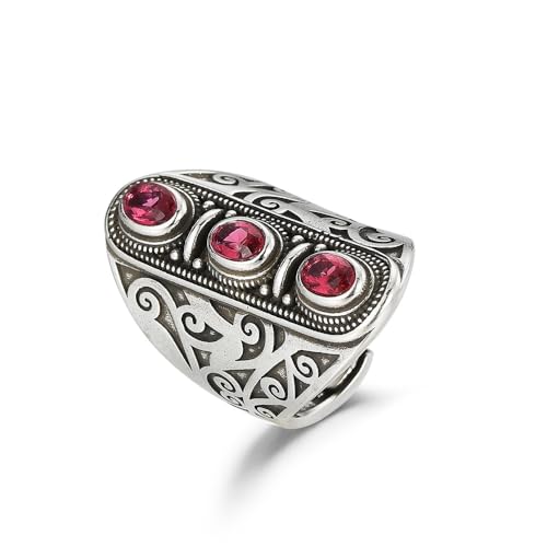 Vintage Silber graviert Statement Big Ring für Damen Herren Antik 3 Steine Rubin Diamantschliff Oval Edelstein Cocktail Court Ring Art Deco Boho Offener breiter Band Cocktail Jahrestag Ring von HONGCAIHU