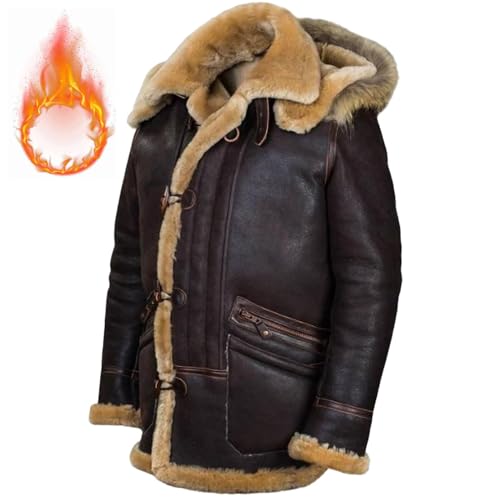 HONGCUICUI Jacke Pilot aus Schaffell B-7 Arctic Parka Art.208, Winterwarmes Leder für Herren, abnehmbare Fliegerjacke mit Kapuze, abnehmbarer Jackenmantel mit Kapuze aus Lammfell (2XL,Braun) von HONGCUICUI