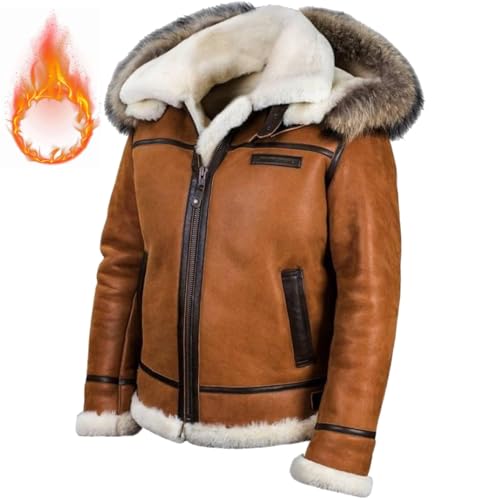 HONGCUICUI Jacke Pilot aus Schaffell B-7 Arctic Parka Art.208, Winterwarmes Leder für Herren, abnehmbare Fliegerjacke mit Kapuze, abnehmbarer Jackenmantel mit Kapuze aus Lammfell (3XL,Whiskey) von HONGCUICUI