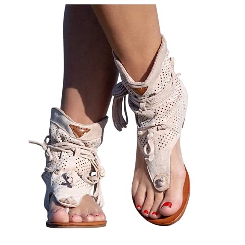 Lässige Quasten-Sandalen für Damen, Retro-böhmische Gladiator-Fransen-Sandalen, flache Clip-Toe-Flip-Flops, Strandsandalen, Schuhe, T-Riemen, römische offene Zehensandalen von HONGDAO