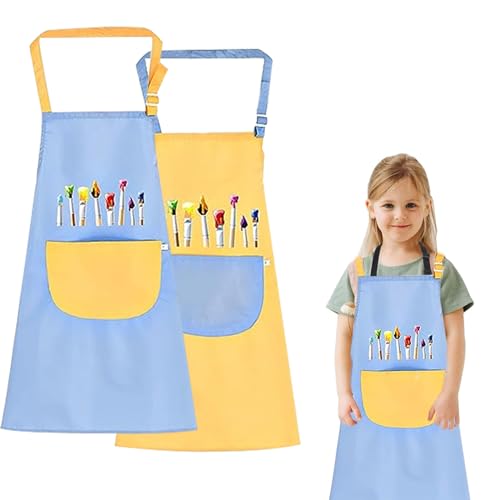 HONGECB 2 Kinder Malerei Schürze, Kinder Künstler Schürze, Kinder Schürze mit Taschen, wasserdicht Kinder Schürze für Kunst Malerei, Kochen, Backen (Gelb + Blau) von HONGECB