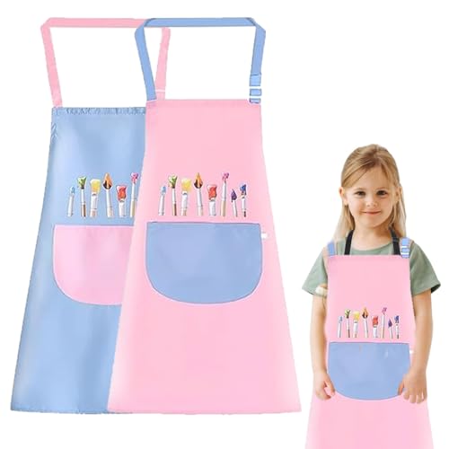 HONGECB 2 Kinder Malerei Schürze, Kinder Künstler Schürze, Kinder Schürze mit Taschen, wasserdicht Kinder Schürze für Kunst Malerei, Kochen, Backen (Rosa + Blau) von HONGECB