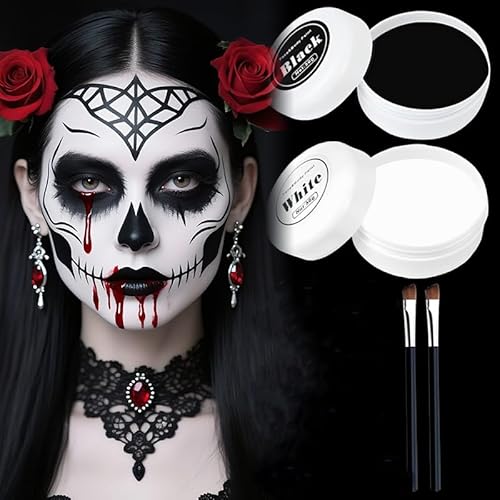 Halloween Schminke Schwarz Weiß Set [100g] - Theaterschminke mit Hoher Deckkraft, Hautfreundlich & Langanhaltend – Perfektes Halloween Körperfarbe Fasching SFX Zombie Make up für Kinder & Erwachsene von HONGECB