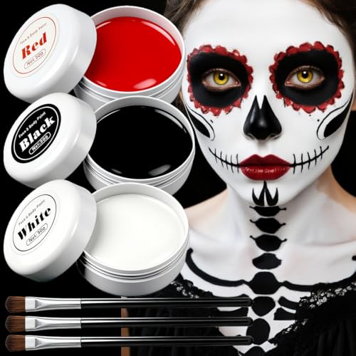 Halloween Schminke Schwarz Weiß Rot – 150g hochdeckendes Halloween Make Up Theaterschminke Set für Joker & Vampir, cremige Textur für Kinder & Erwachsene für SFX Makeup (Schwarz, Weiß & Rot, 150G) von HONGECB