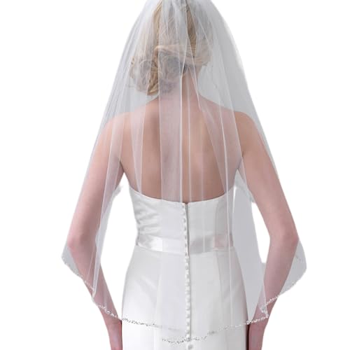 HONGMEI Hochzeitsschleier für Bräute, handgefertigt, Kristallperlenrand, 1 Ebene, Brautschleier mit Kamm, Light Lvory V155, Fingertip length von HONGMEI