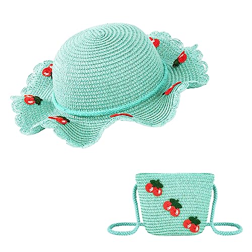 HONGXIN-SHOP Strohhut und Tasche Set Damen Sonnenhüte Strohhut mit Breiter Krempe Strandhut mit Kirsche Dekoration für Urlaub Reise und Strand (Minze/Groß) von HONGXIN-SHOP