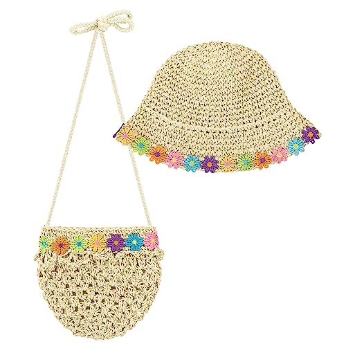 HONGXIN-SHOP Strohhut und Tasche Set Mädchen Sonnenhüte Sonnenschutzhut Stroh Strandhut mit Gänseblümchen Dekoration für Urlaub Reise Strand, Beige von HONGXIN-SHOP