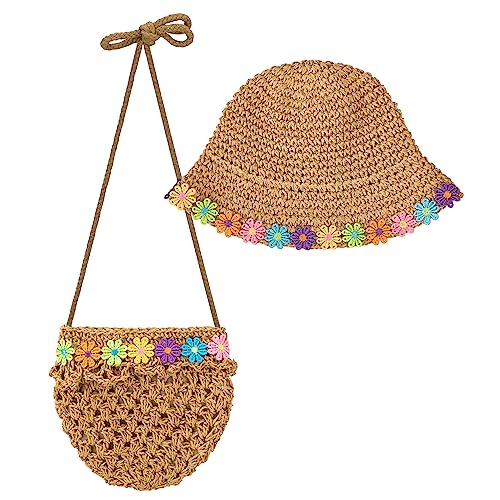 HONGXIN-SHOP Strohhut und Tasche Set Mädchen Sonnenhüte Sonnenschutzhut Stroh Strandhut mit Gänseblümchen Dekoration für Urlaub Reise Strand, Khaki von HONGXIN-SHOP