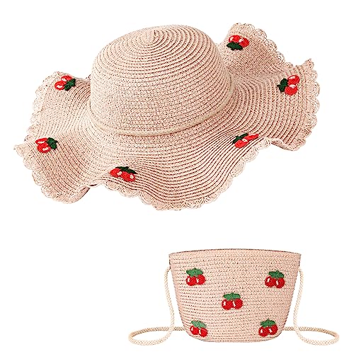 HONGXIN-SHOP Strohhut und Tasche Set Mädchen Sonnenhüte Strohhut mit Breiter Krempe Strandhut mit Kirsche Dekoration für Urlaub Reise und Strand (Rosa/Klein) von HONGXIN-SHOP