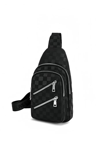 HONGYICHAO Karierte schwarze Leder-Umhängetasche für Damen, wasserabweisend, verstellbarer Riemen, Brusttasche, Bauchtasche HONGYICHAO Karierte schwarze Leder-Umhängetasche für Damen, wasserabweisend, verstellbarer Riemen, Brusttasche, Bauchtasche von HONGYICHAO