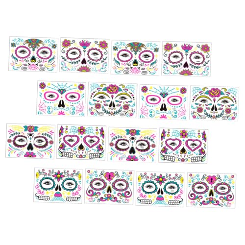 HONITANO 16 Blatt Fluoreszierende Halloween Gesichtstattoos Wassertransfer Aufkleber Temporäre Hautfreundliche Klebetattoos für Erwachsene und Wasserfest Leuchtend für Party und Karneval von HONITANO