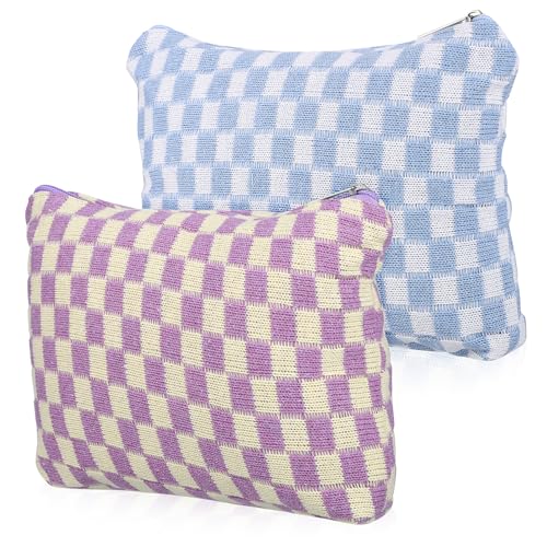 HONITANO 2 Stück Kosmetiktasche Teilig aus Robustem Wollstoff mit Reißverschluss Leichte Make Up Organizer Taschen mit Großem Fach Kariertes Design in und Gelb Lila für Reisen und Alltag von HONITANO