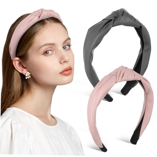 HONITANO 2 Stück Pu leder Stirnbänder mit Knoten Damen Elastisch Modisch Bequem für Alltag Sport Haarstyling und Gesichtspflege Rosa von HONITANO