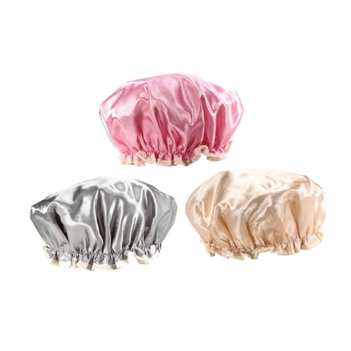 HONITANO 3 Stück Duschhauben für Damen Wasserdichte Wiederverwendbare Badekappen aus Satin in Gold und Rosa Elastisch Leicht Geeignet für Verschiedene Kopfgrößen für Duschen und Make up von HONITANO