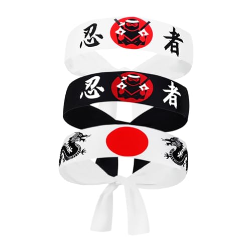 HONITANO 3 Stücke Japanisches Stirnband Herren Ninja Kopfband Samurai Design Atmungsaktiv Strapazierfähig für Karate Sushi Party Fitness und Kochen Geeignet von HONITANO