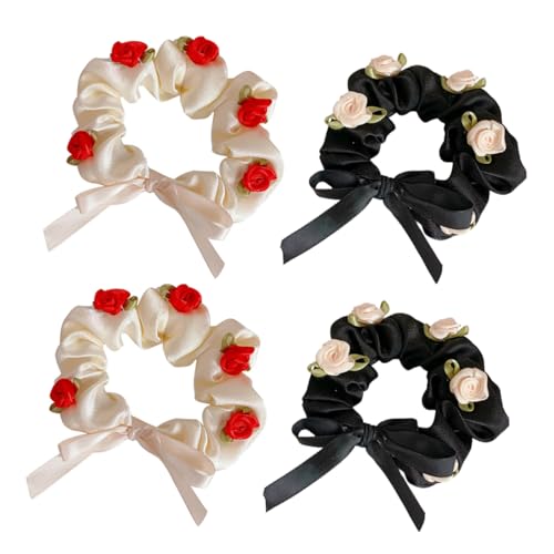 HONITANO 4stücke Rote Blume Haarschmuck Pferdeschwanz Halter Haarband Für Frauen Mädchen Haarring Aus Rosen Blume Frisur Accessoire von HONITANO