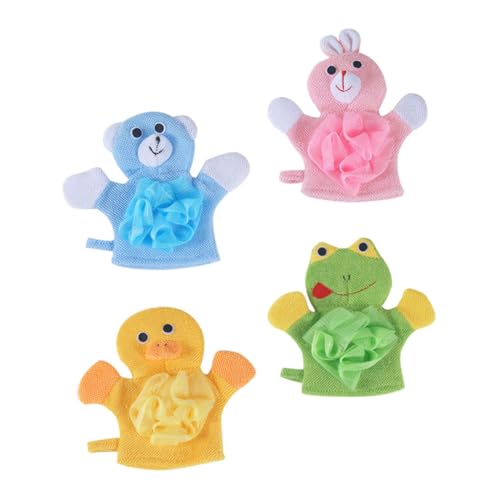HONITANO 4 Stück Teiliges Badewaschhandschuh mit Süßen Tiermotiven Weiche Sichere Badescrubbing Handschuhe für Sanfte Ganzkörperreinigung Hautfreundlich und Leicht für Mädchen Badespaß von HONITANO