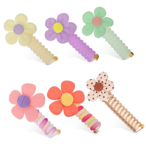 HONITANO 6 Stück Teiliges Elastische Blumen Haarbänder für Mädchen Weiche Dehnbare Ponytail Holder in Grün Flieder Gelb und Orange Schonend für Haare Vielseitig für Haartypen von HONITANO